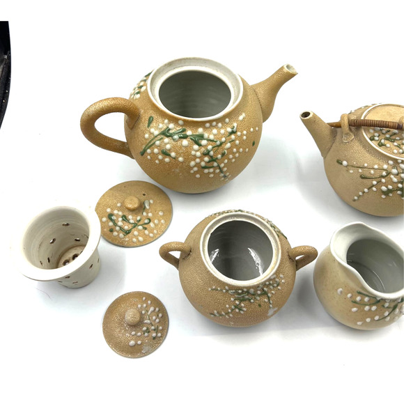 Antique Meiji Period Tea Set 4 Pieces Shark Skin Moriage Porcelain Cream Sugar - Picture 3 of 16